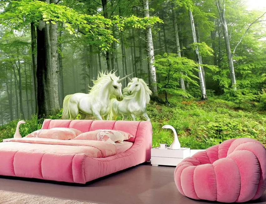 3D фотообои на заказ картина в виде единорога лесу романтичный стиль живописи