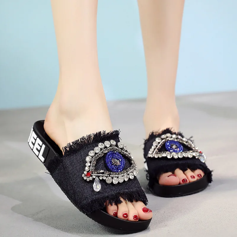 С украшением в виде кристаллов с большими глазами сандалии женская летняя обувь 5