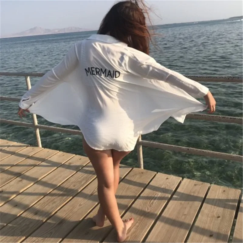 Летнее пляжное платье-рубашка новинка 2019 белая хлопковая туника купальная