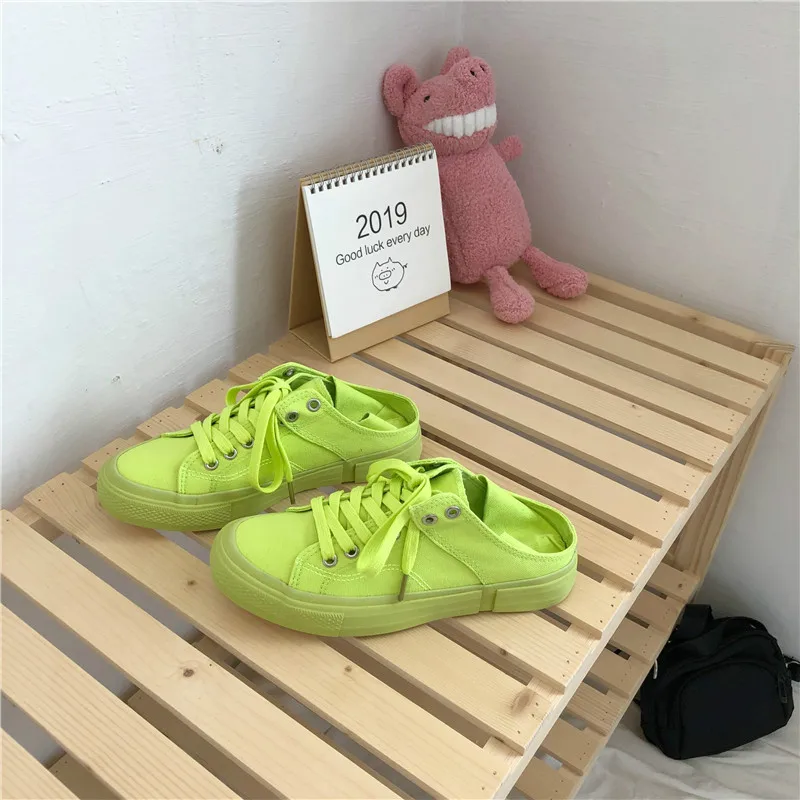 women canvas shoes fluorescent green girls pink sneakers cloth shoe spring autumn solid color lace up low up white trainer 35-40