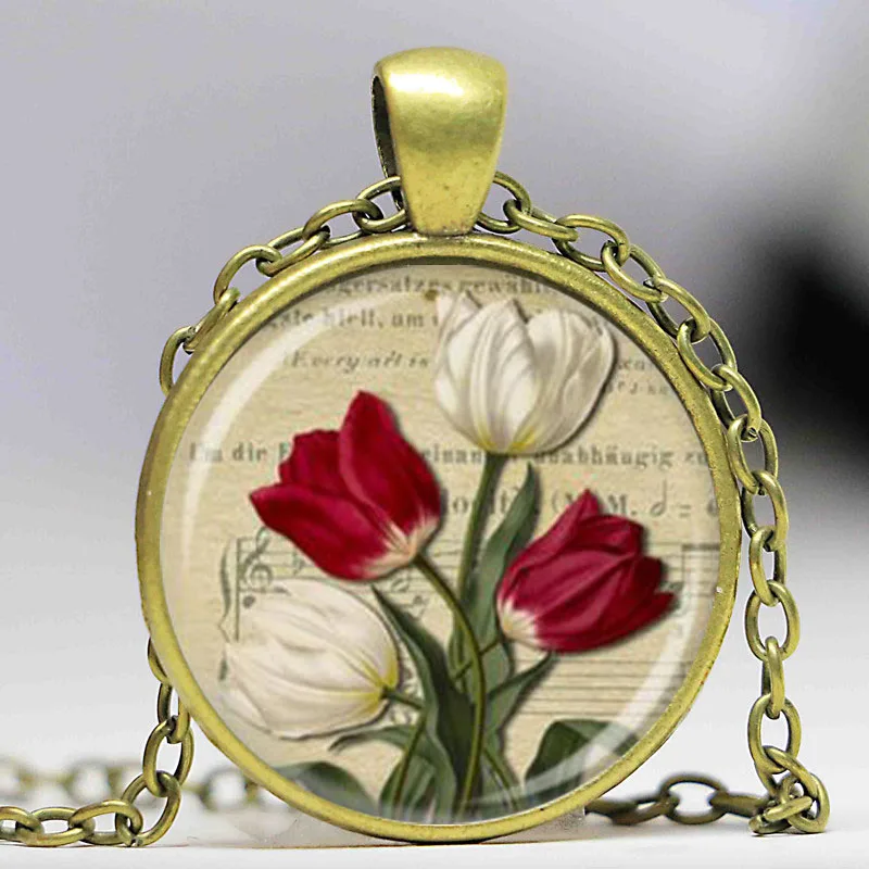 Новый красный и белый тюльпан ожерелье Весна цветочный кулон искусство