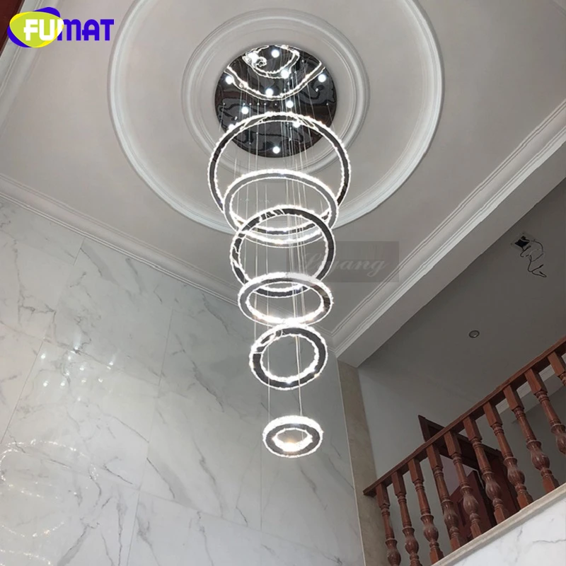 買取 FUMAT Stailess 鋼リングクリスタルスパイラル階段ヴィラ天井ランプ調光リモコン層灯ペントハウス光沢シャンデリア