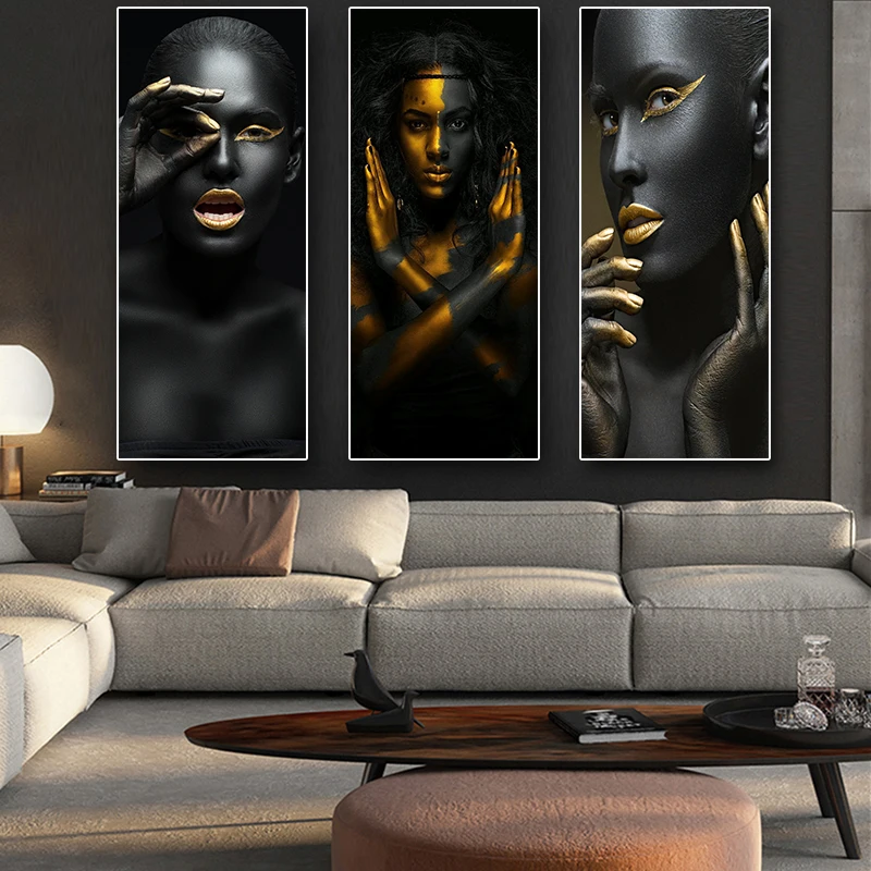 

Canvas Wall Art Black and Gold African Woman Painting Posters and Prints Scandinavian Picture for Living Room Decor