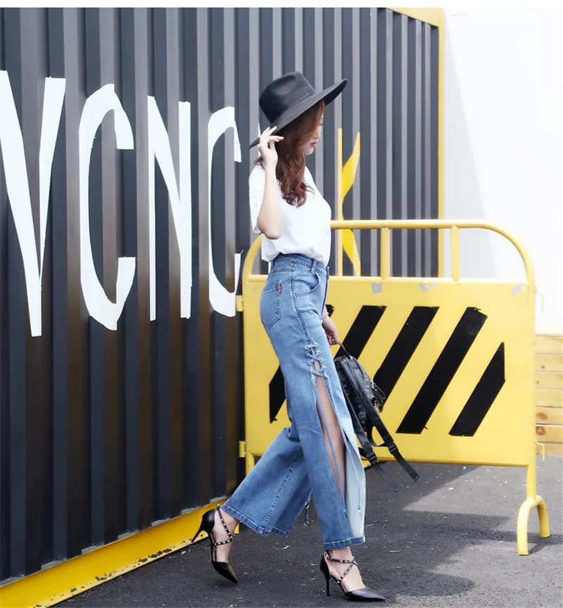 Высокий разрез Открыть выдалбливают широкие брюки на шнуровке сбоку Для женщин брюки осень г. Высокая талия мыть джинсы джинсовые брюки M17101704