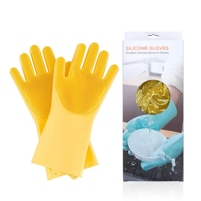 Yellow with Box 1 пара перчаток для мытья посуды Волшебные силиконовые перчатки для мытья посуды термостойкие кухонные перчатки легко моющиеся - Цвет: Yellow with Box