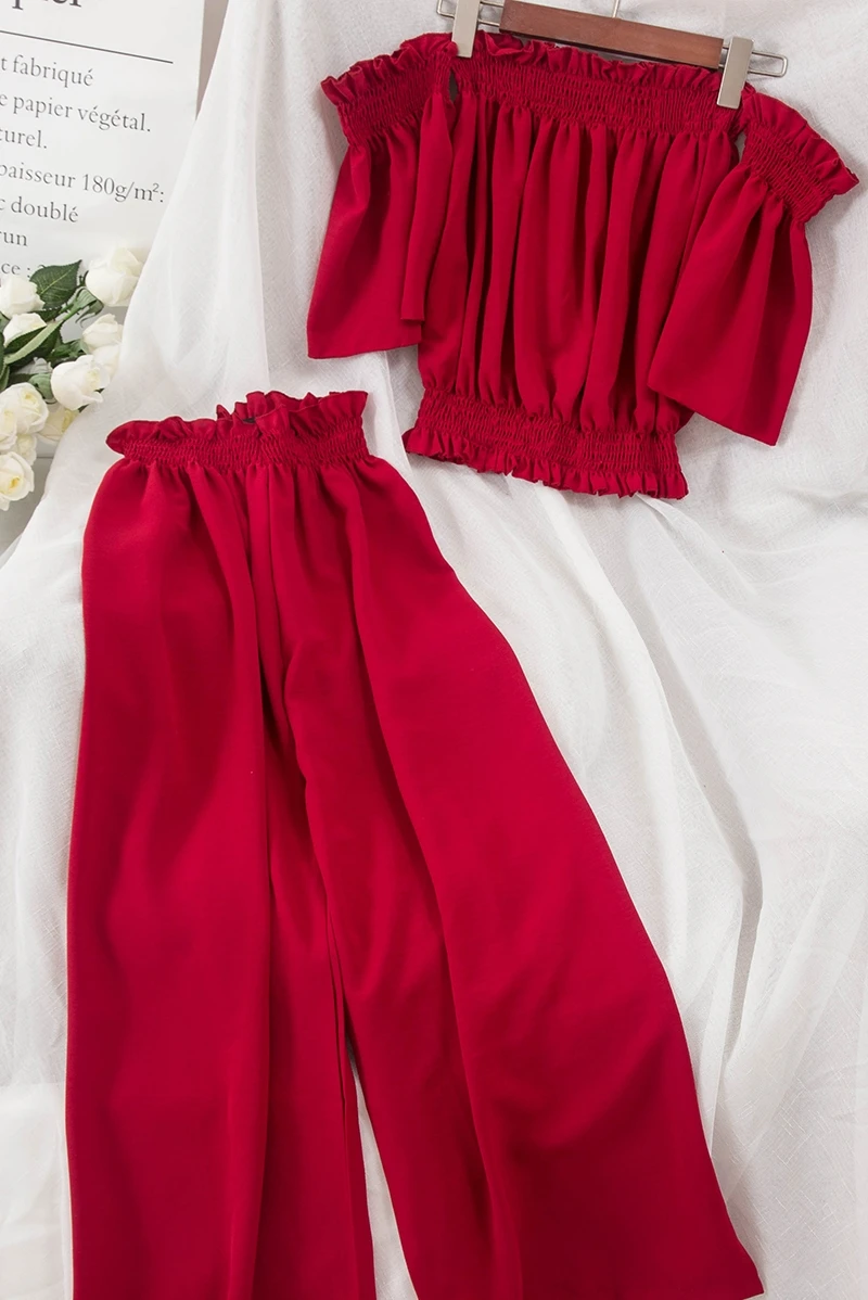 Женский шифоновый костюм ALPHALMODA комплект из топа и брюк с широкими штанинами