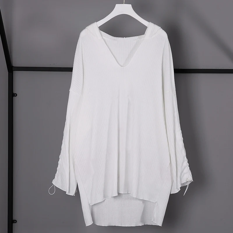 white sweater CHICEVER осенний свитер для женщин с капюшоном V образным вырезом и длинным рукавом Повседневный свободный негабаритный вязаный пуловер Топы Женская мода - Цвет: white sweater