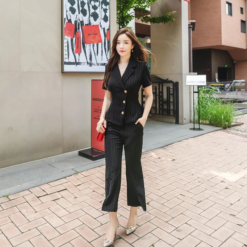 Women's OL Office Work 2 Pieces Set Striped Short Sleeve Singer Button Blouse and Sheath Long Pants Women Two Piece | Женская одежда