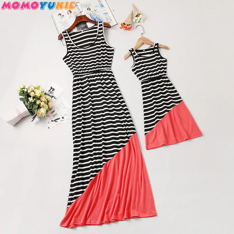 

Mother Daughter Dresses Kids Matches Clothing Sets Striped Floral Print Mom and Daughter Dress Family Clothing Matching Clothes