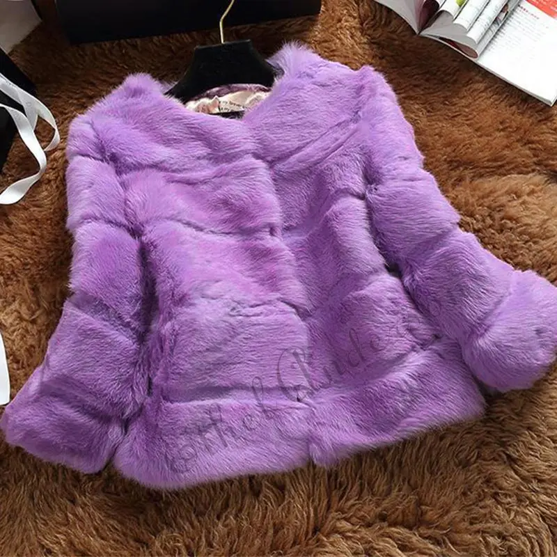 3 Purple Женское пальто из натурального кроличьего меха с рукавом 3/4, короткая куртка, офисное пальто для леди - Цвет: 3 Purple