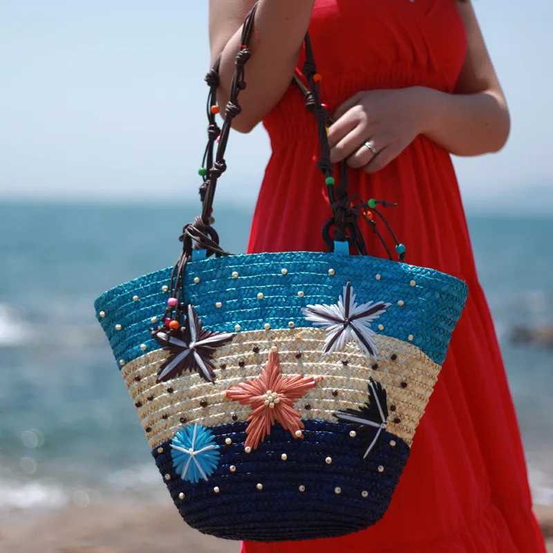 Соломенная вязаная женская пляжная сумка-тоут ручной работы с морской звездой