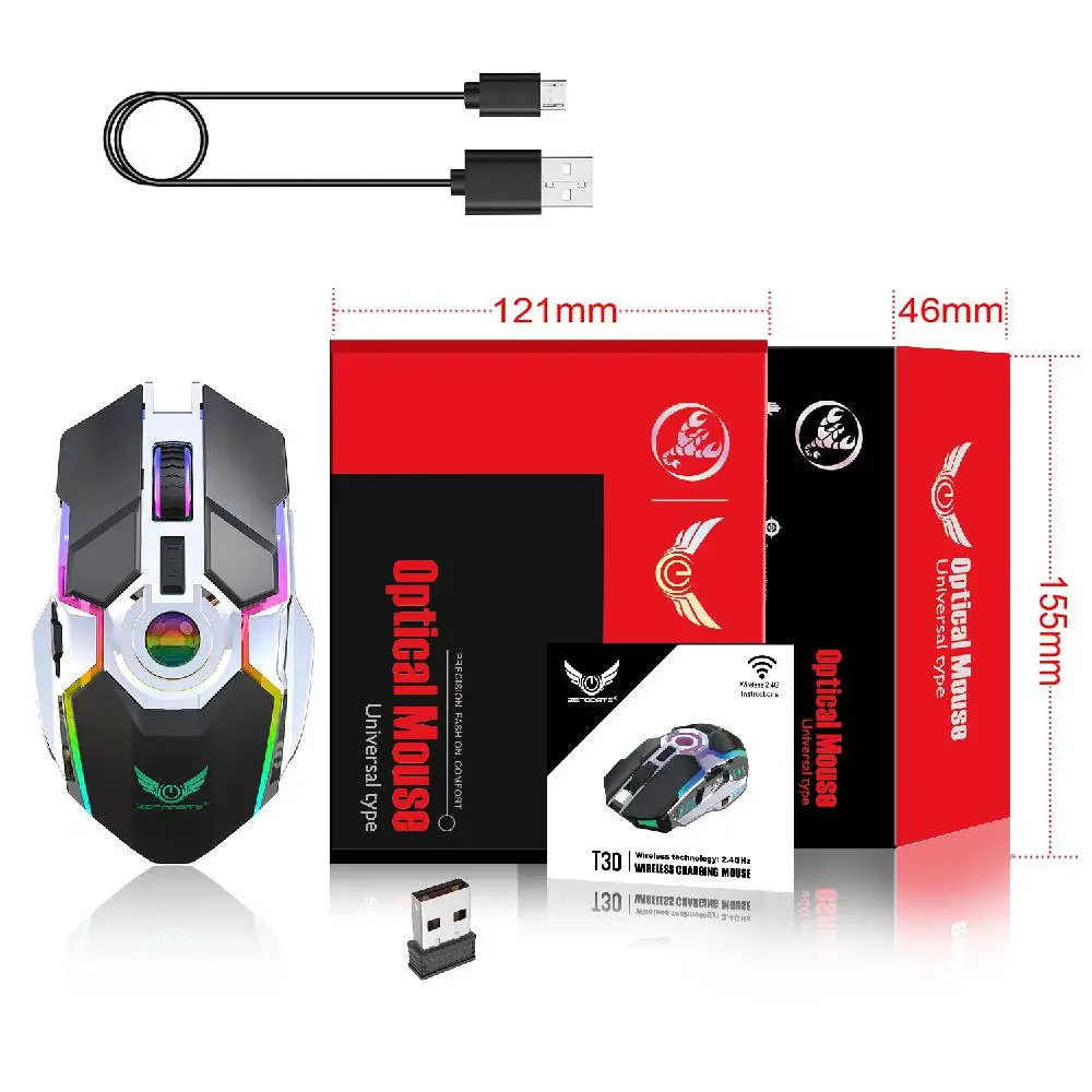 Новая перезаряжаемая беспроводная мышь ZERODATE T30 2 4 ггц RGB лампа для игровой машины