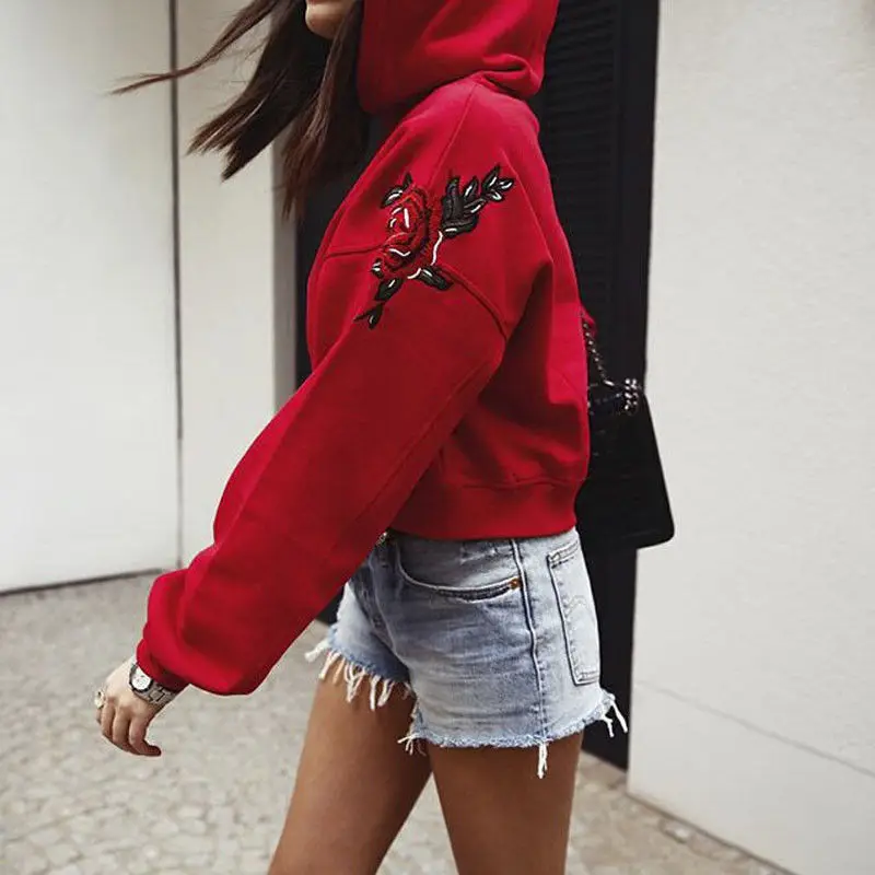 

Casual Fashion Women Ladies Long Sleeve Hooded Pullover Red Letter Floral Print Slim Show Thin Hoodies Tops Size S-XL
