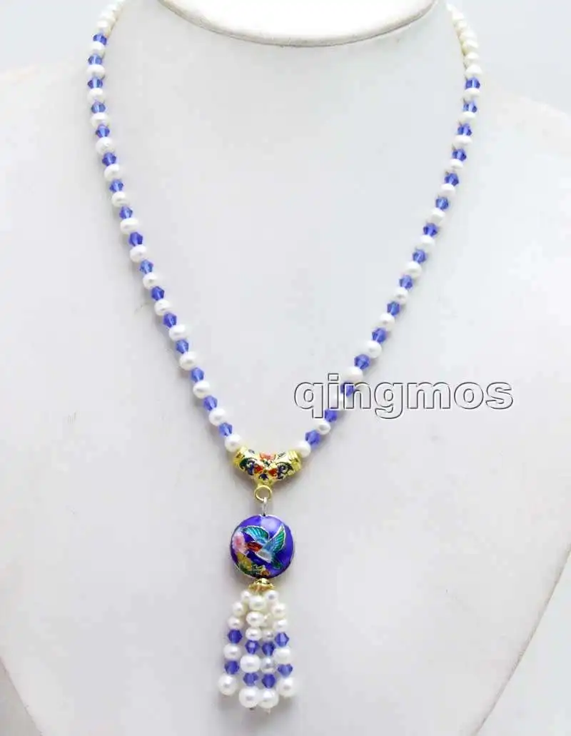 Круглый белый жемчужный с синим кристаллом 5 6 мм 18 дюймов Necklace nec6328|natural pearls|pearl