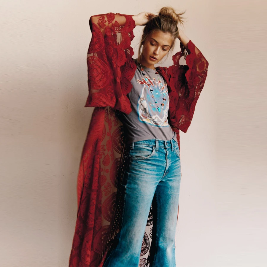 TEELYNN Boho Кардиган розовая кружевная Цветочная вышивка блузка с расклешенным