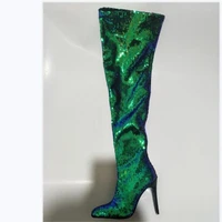 shoeselegant beautiful fashion fluorescent green sequined cloth11 cm high heels over the knee women boots size34 45