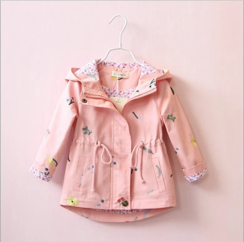 XC023-Pink Новая длинная куртка с капюшоном и цветочной вышивкой для девочек на весну и лето, рубашка, Детская куртка, одежда - Цвет: XC023-Pink