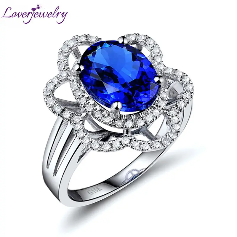 

LOVERJEWELRY Lady Rings Loving Flower Shape Luxury Solid 18Kt White Gold Genuine Tanzanite Wedding Ring For Women Anniversary