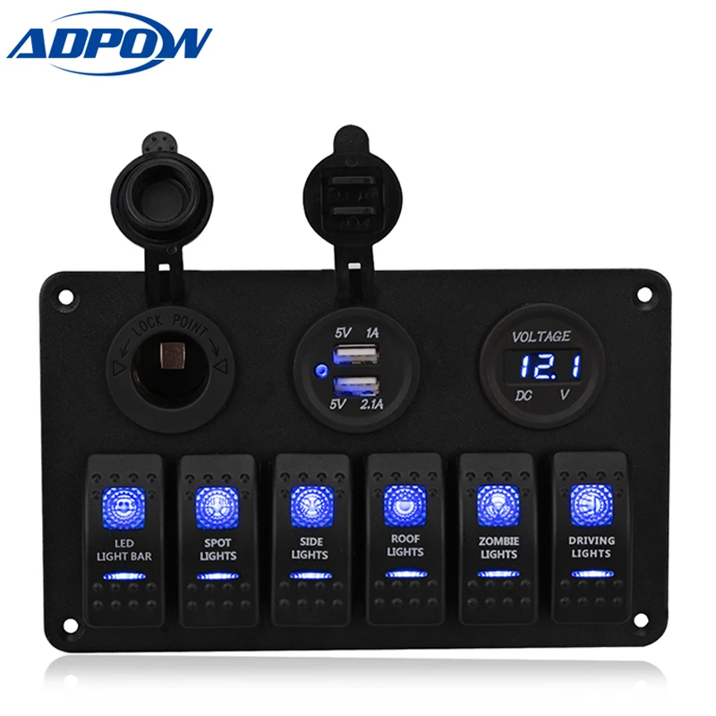 

6 Gang LED Car Boat Rocker Switch Panel Auto Car Switche Panel LED Boat Switch Panel Dual USB Cigarette Lighter Socket Voltmeter