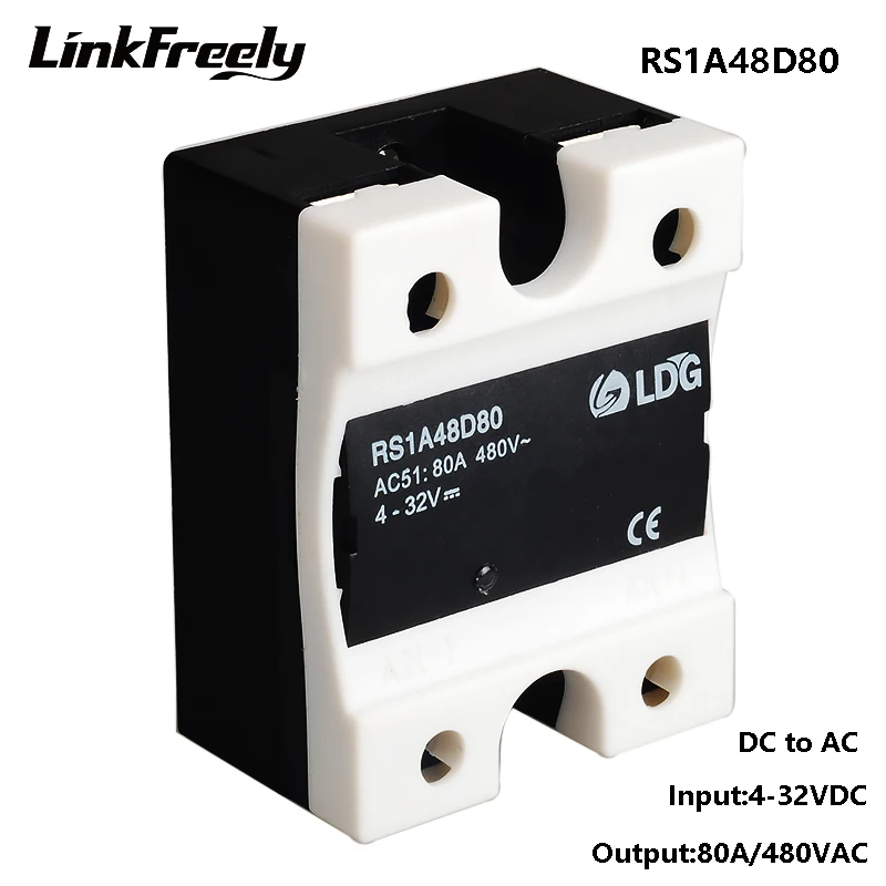 

RS1A48D80 Mini PLC 80A 220V SSR твердотельное реле, 5V 12V 24V 32V DC вход выход 42-530V AC, модуль реле управления напряжением