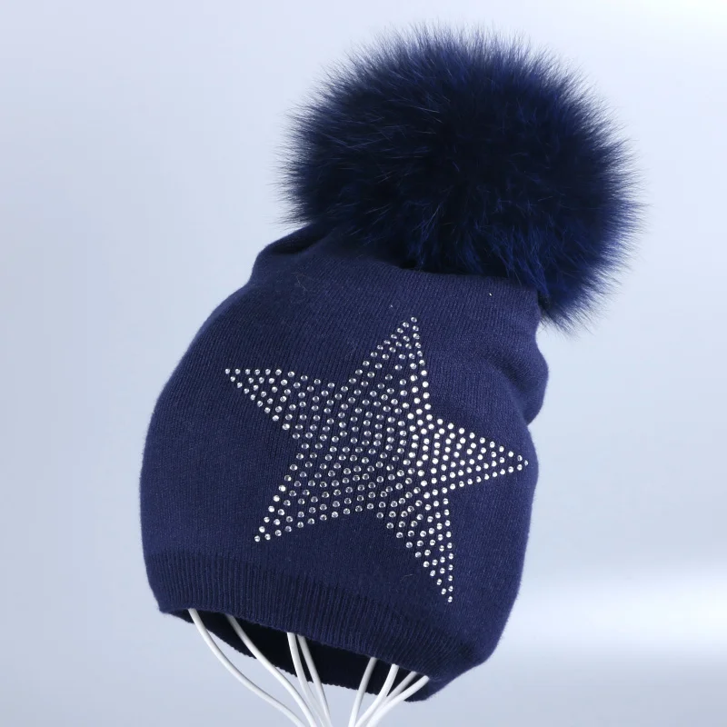 Fox Pom navy hat Новая женская шерстяная зимняя шапка с настоящим помпоном, кашемировые шапочки, блестящая кристаллическая звезда, мягкая термальная натуральная норка, лиса, звезда, шапочки - Цвет: Fox Pom navy hat