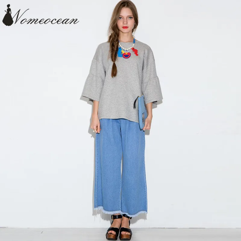 Clearance Gray Loose 3/4 Sleeve T-shirt Solid Color Basic Tee Slit Sweep Fashion Street Women T-shirts Tops of M17081701 | Женская
