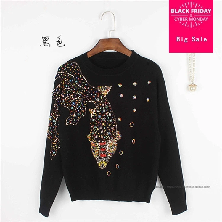 2020 Luxury Runway New Fashion Blue Heavy Embroidery Flowers Sweater Crystals Beading Knitwear Women Sweaters Pullover AW360 | Женская