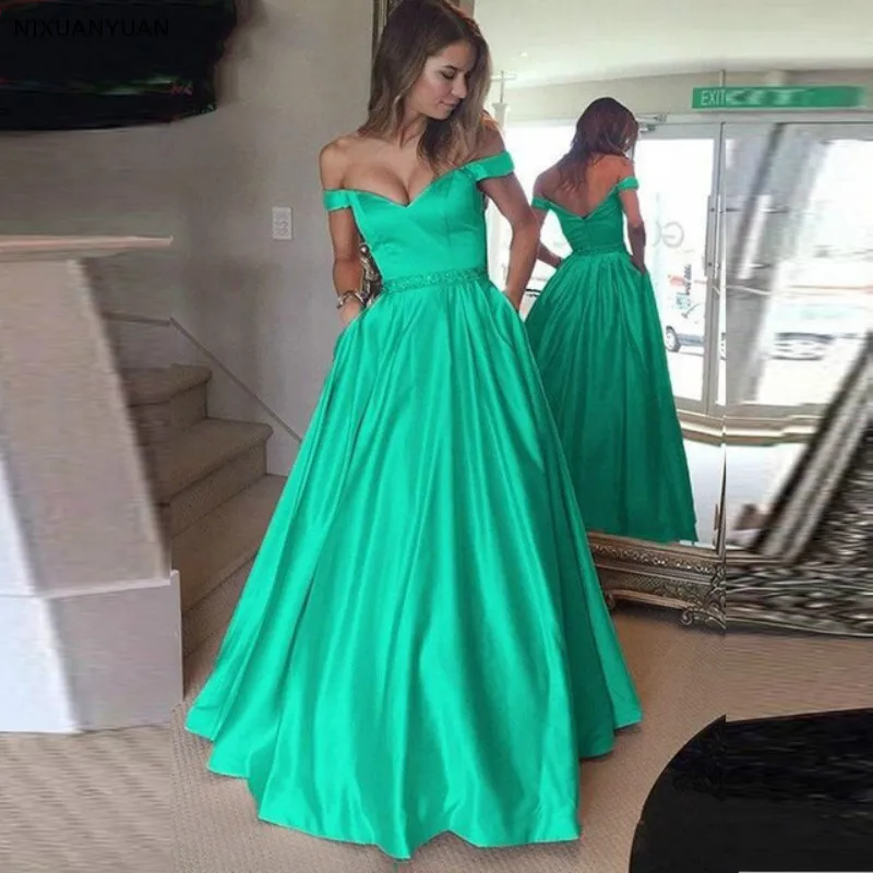 

Long Cheap Formal Women Green Reflective Satin Evening Dresses 2021 Robe De Soiree Donna with Beads Prom Dress