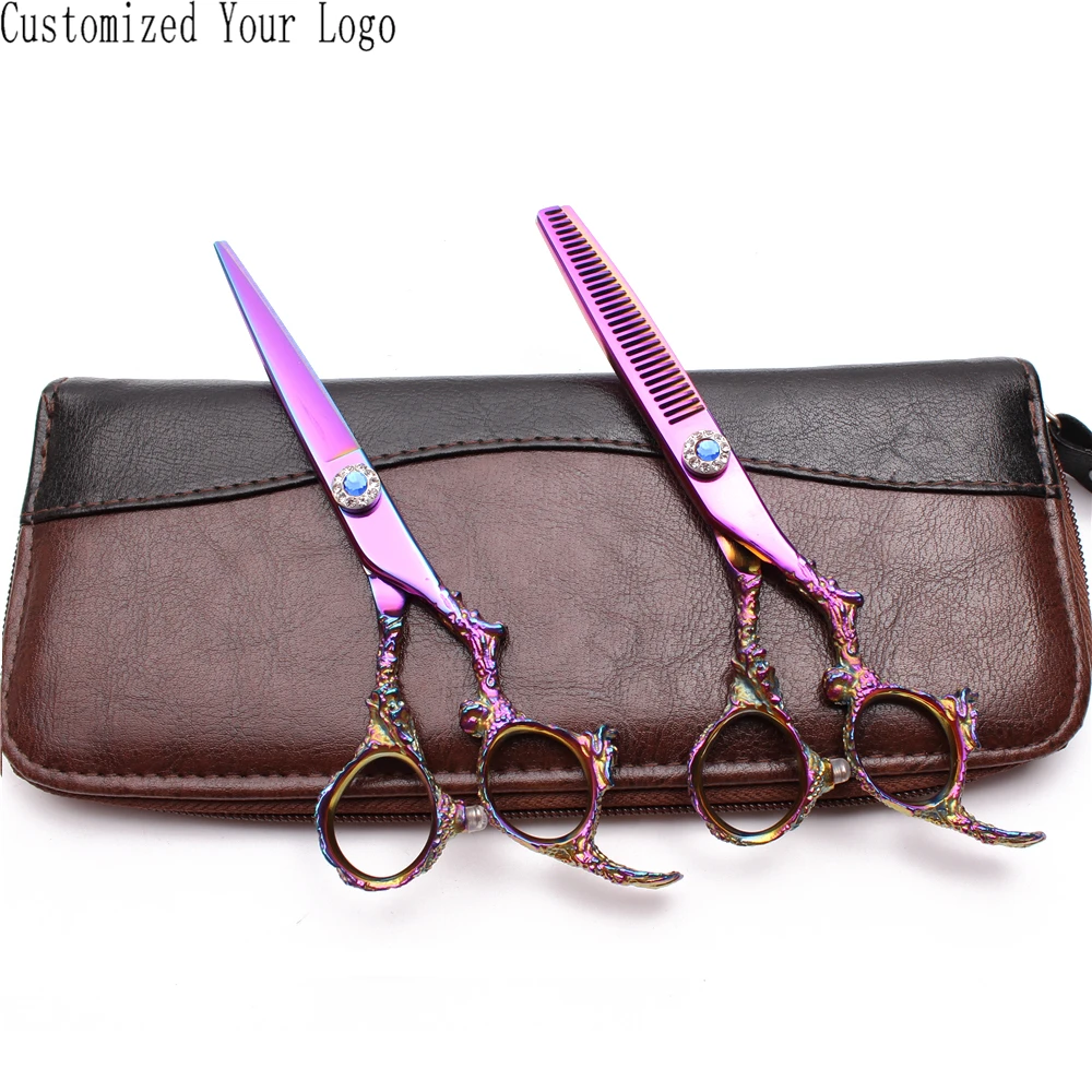5.5&quot 440C Customized Logo Multi-Color Hairdresser's Scissors Straight Thinning Shears Professional Hair C9005 | Красота и