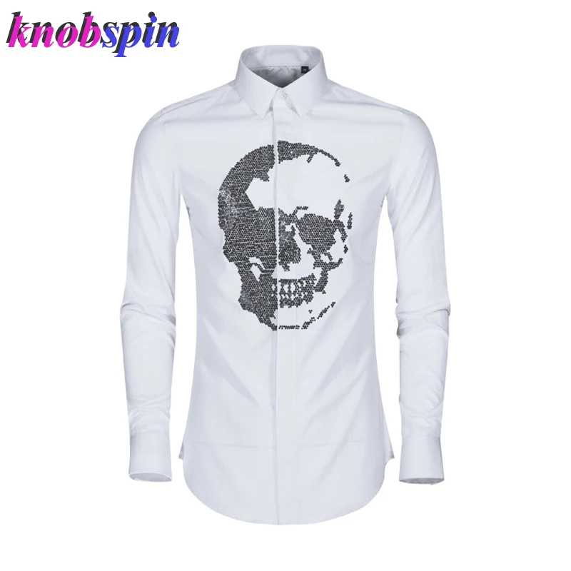 

Brand Crystal Drill Skull Head Shirt man Slim Casual Chemise homme high quality Cotton Solid Dress Shirts male Camisas