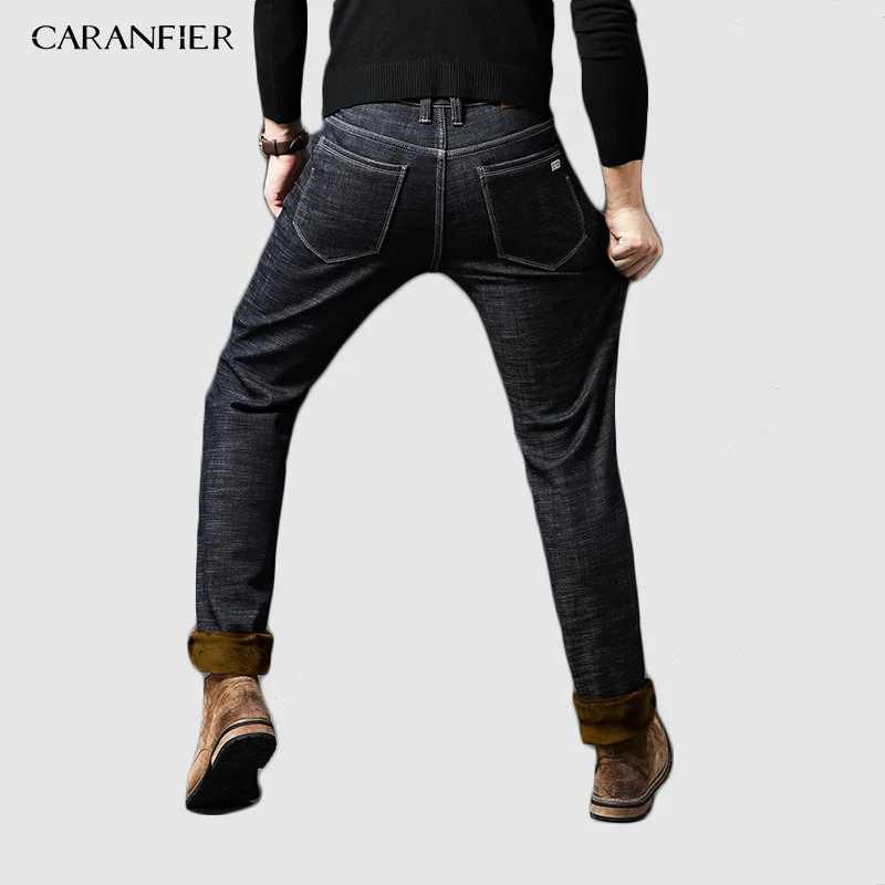 CARANFIER 2pcs New Men's Winter Brand Jeans Warm Slim Fit Denim Pants Male Balck Blue Thicken Trousers Jeans Big Size 44 46