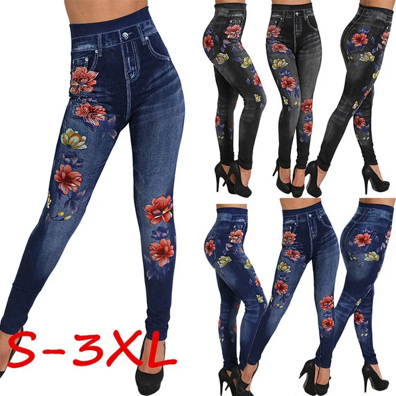 OEAK 3XL женские Стрейчевые джинсы с высокой талией цветочным принтом джинсовые