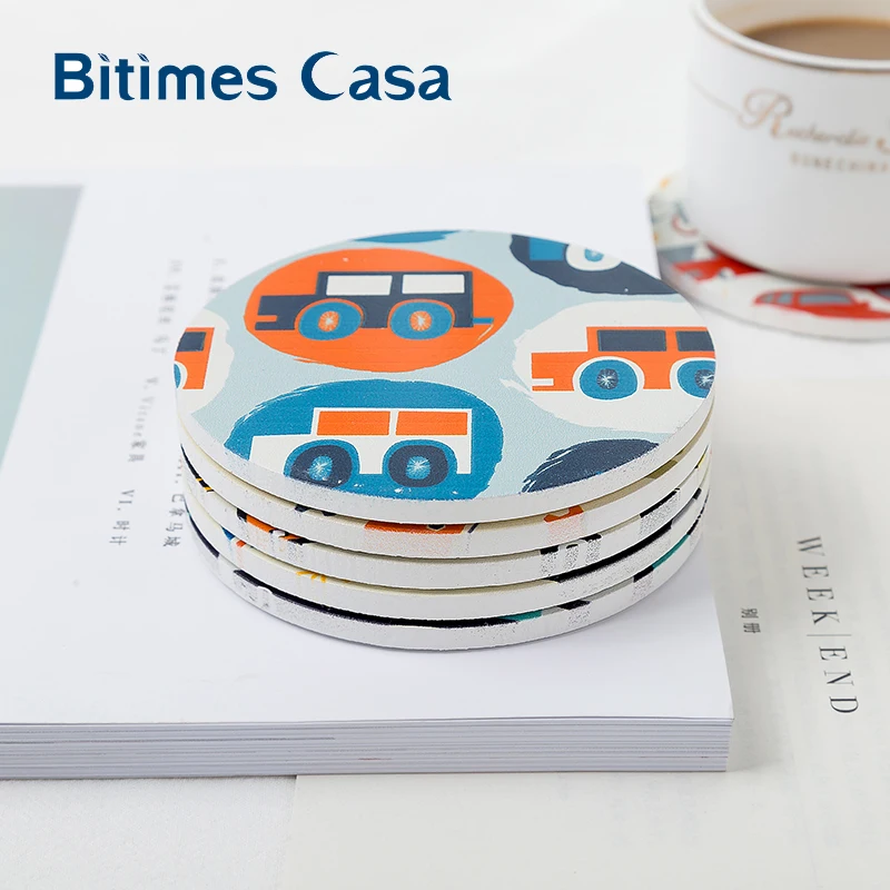 Bitimes 6 шт./компл. милый мультяшный узор круглый MDF стол Coaster деревянная кофейная