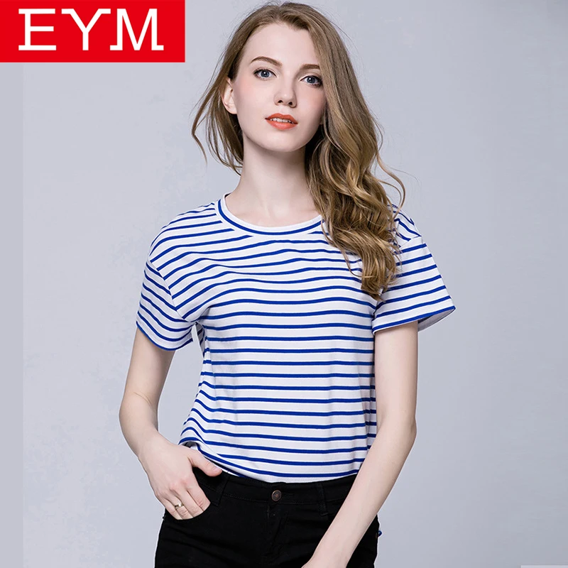 Базовые полосатые футболки женские 2019 новые синие темно-синие стильные