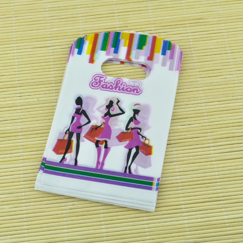 9*15cm 100pcs/lot small plastic bag colorful girls design jewelry packaging bags cute gift shopping with handle | Украшения и