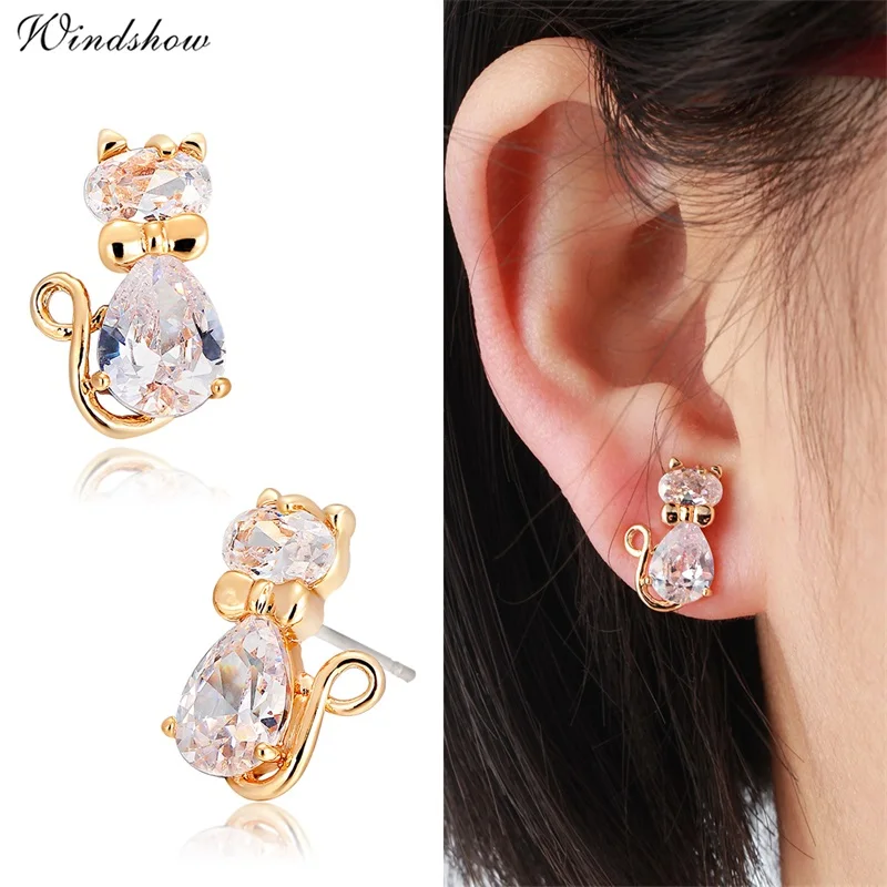 Желтое Золото Цвет милый котенок Товары для кошек бабочка узел CZ Серьги гвоздики