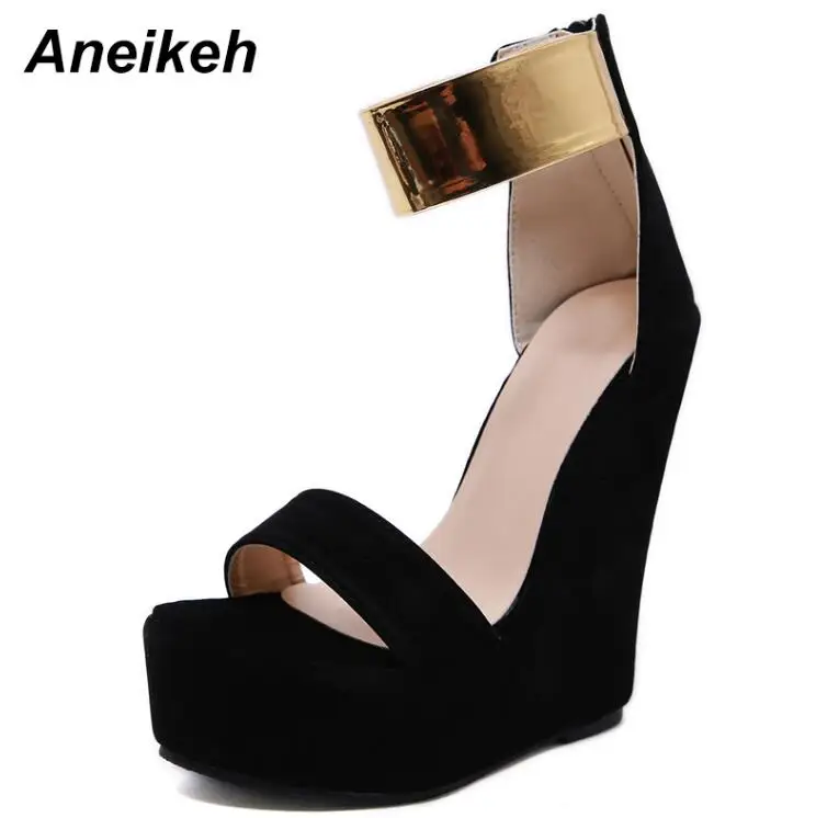 Black Aneikeh/женские клинообразные летние сандалии; Новинка года; Босоножки на платформе; обувь на высоком каблуке; блестящие женские босоножки с ремешком на щиколотке; туфли-лодочки; Размеры 35-40 - Цвет: Black