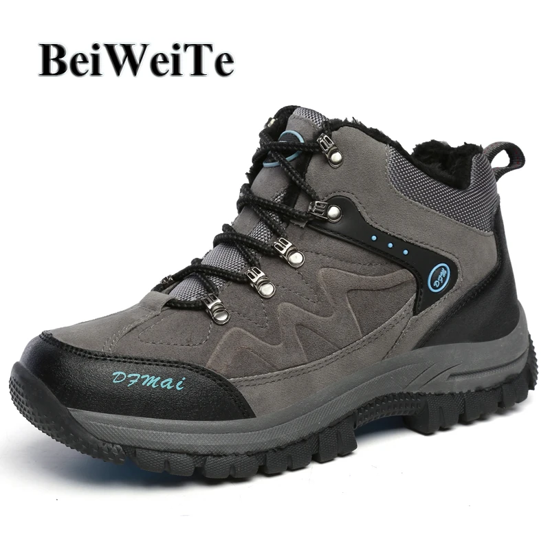 Мужские зимние походные ботинки с мехом теплые Нескользящие уличные кроссовки