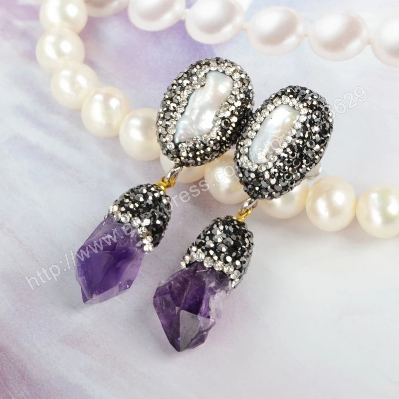 Vintage Stylish Pearl Drop Earrings Handcraft &amp Natural Amethyst Quartz With Black Gun ZC Stone Dangle Druzy J02 | Украшения и