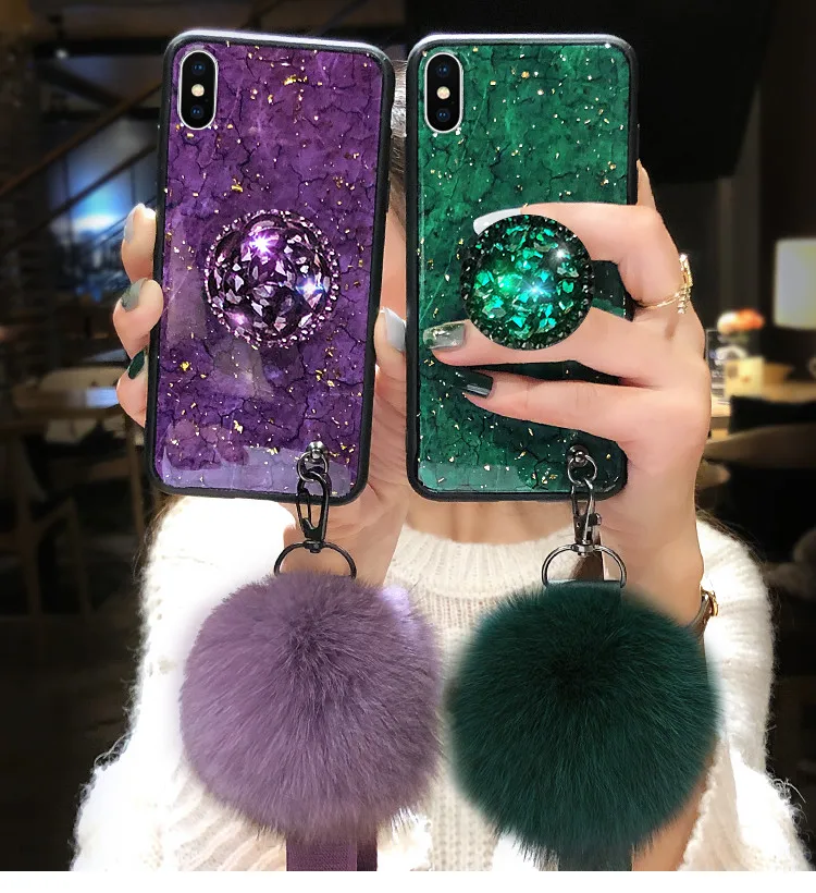 EPENA Gold Foil Glitter Bling case For iPhone 11 pro X XR XS Max Hair ball Lanyard Phone Cover 8 7 6S 6 Plus |