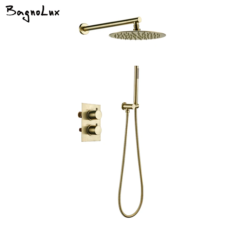 Bathroom Faucet Solid Brass Brushed Gold  Shower Kit Diverter Thermostatic Control Mixing Valve Rain shwoer Sets 8/10/12 Inch
