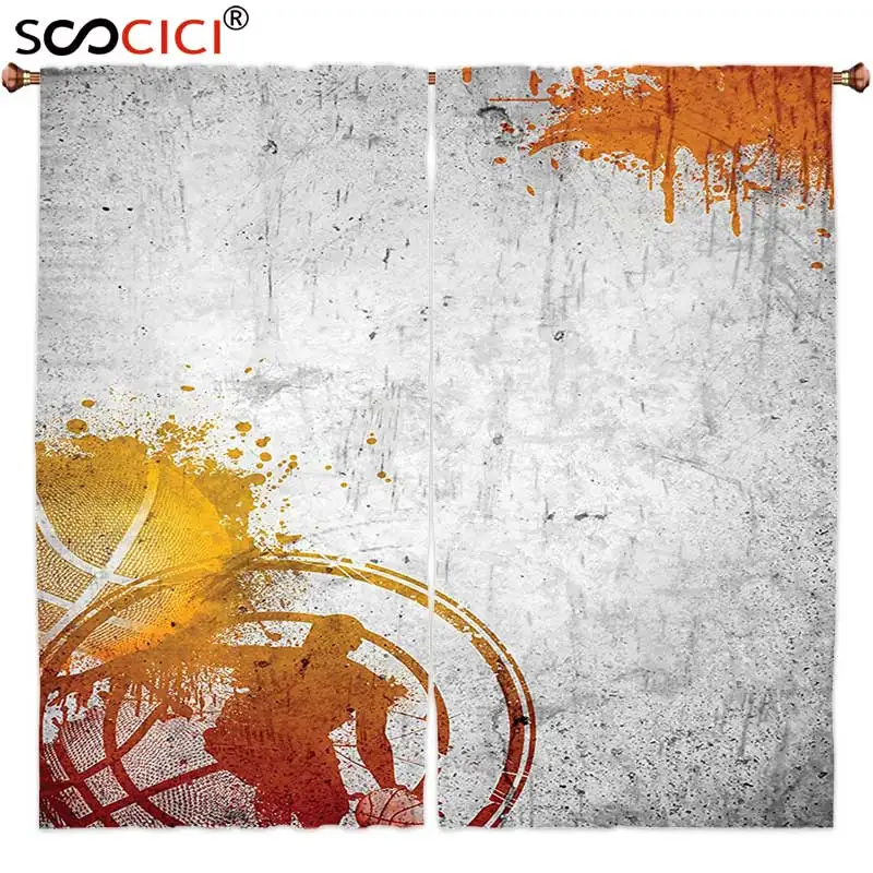 

Window Curtains Treatments 2 Panels,Sports Decor Basketball Streetball and Paint Stains Image on Concrete Wall Rustic Decoration