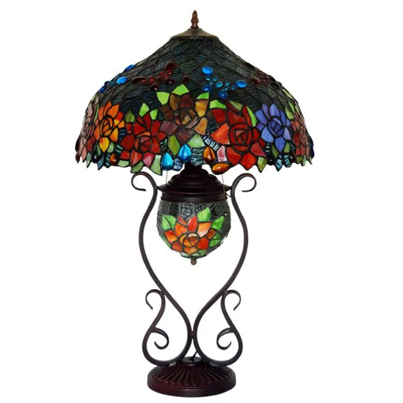 구매 티파니 다채로운 유리 꽃 빈티지 보헤미안 대형 테이블 램프 로비 침대 룸 바 아파트 장식 조명기구 1093