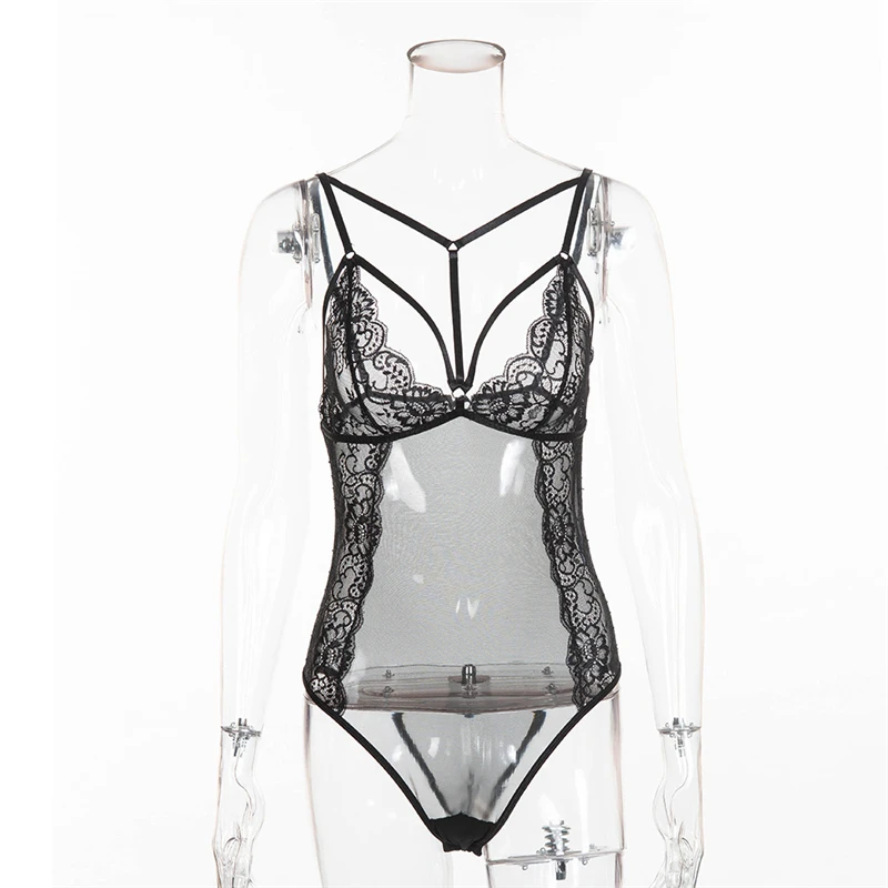 Sexy Lace Bodysuit Bandage Deep V Strap Perspective Rompers Women Jumpsuit Playsuit Combinaison Femme Jumpsuits