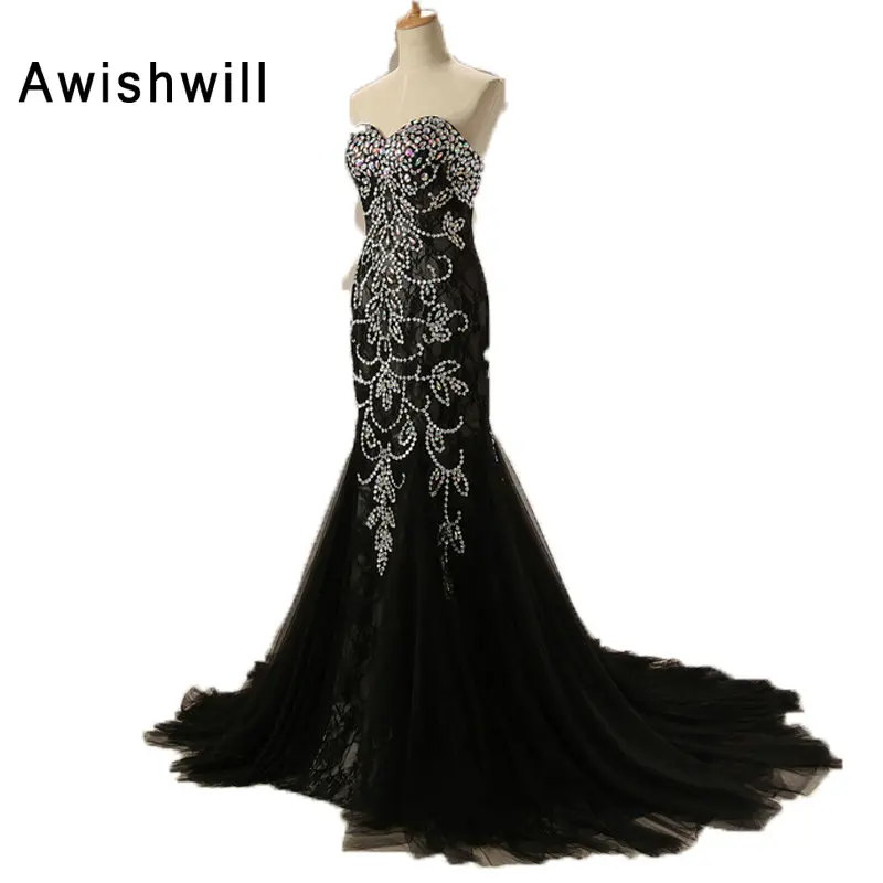 Женское вечернее платье ручной работы длинное черное из тюля с бисером и