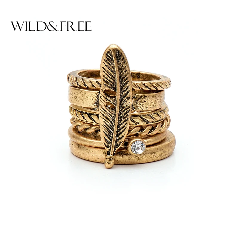 6 шт. для женщин Ретро стиль антиквариат в виде золотых перьев палец кольцо