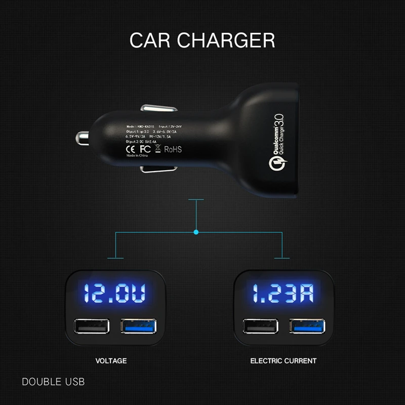 Универсальное автомобильное зарядное устройство USB с двумя светодиодными
