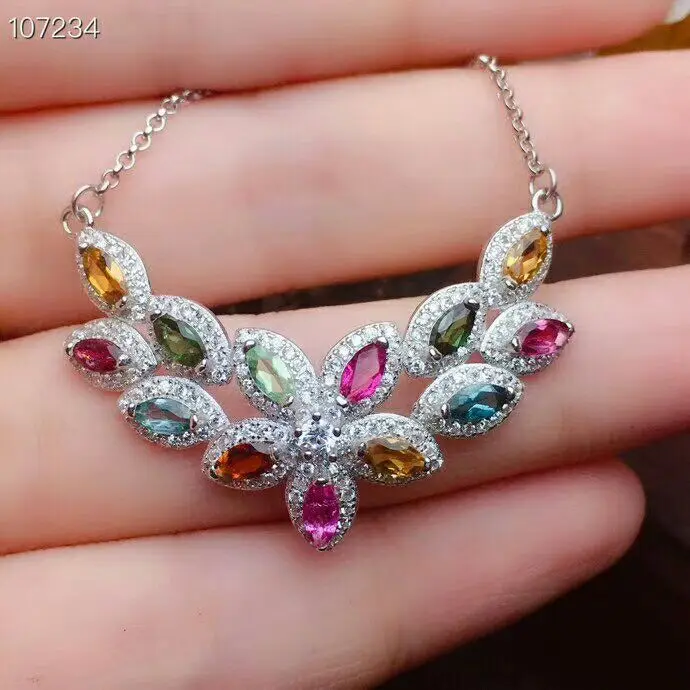 Pendant necklace MeiBaPJ 925 пробы серебро натуральный красочный Турмалин драгоценный камень ожерелье серьги кольцо для женщин прекрасный свадебный комплект ювелирных изделий - Цвет камня: Pendant necklace