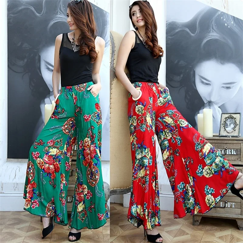 

Women's Ethnic Floral print Wide Leg Pants Women Vintage Flower Print Full Length Trousers Femme Cotton Linen Casual loose Pants
