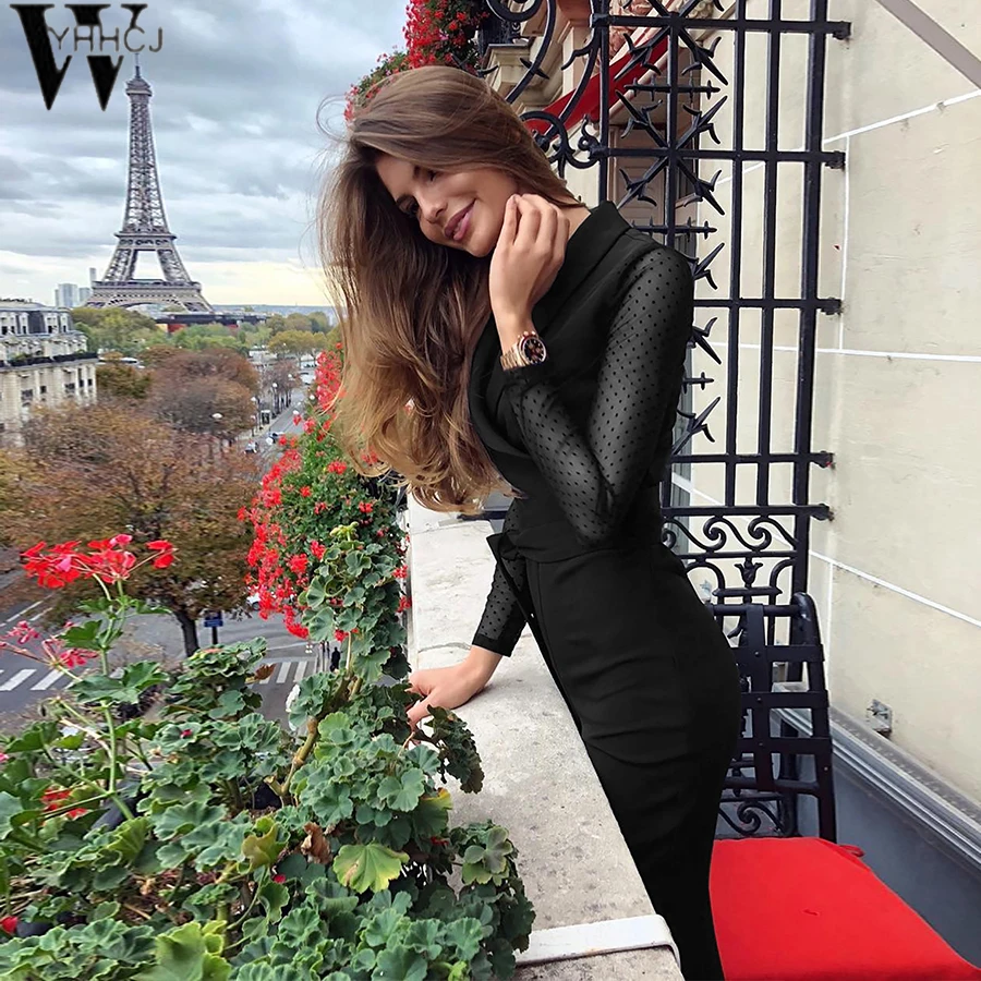 Женский офисный комбинезон WYHHCJ черный облегающий в горошек с v-образным вырезом